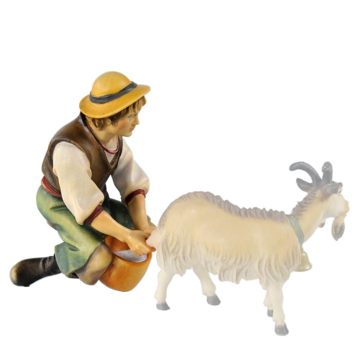 Statua presepe 15 cm scultura in legno pastore seduto che munge