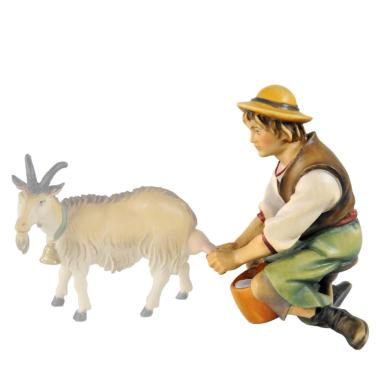 Statua presepe 15 cm scultura in legno pastore seduto che munge