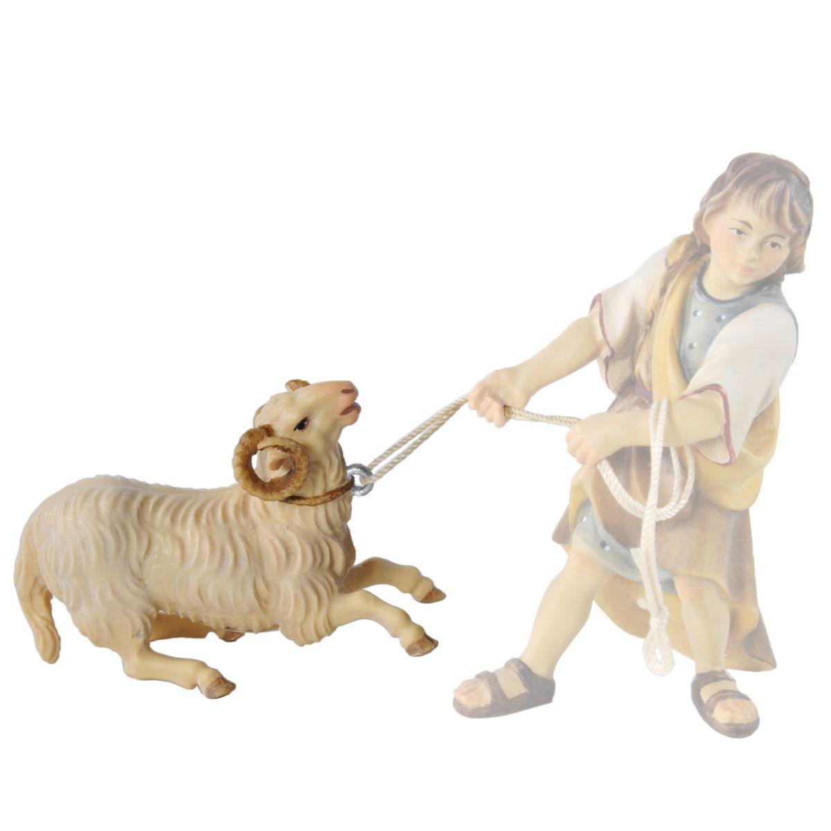Statua presepe 15 cm scultura in legno montone inginocchiato fune
