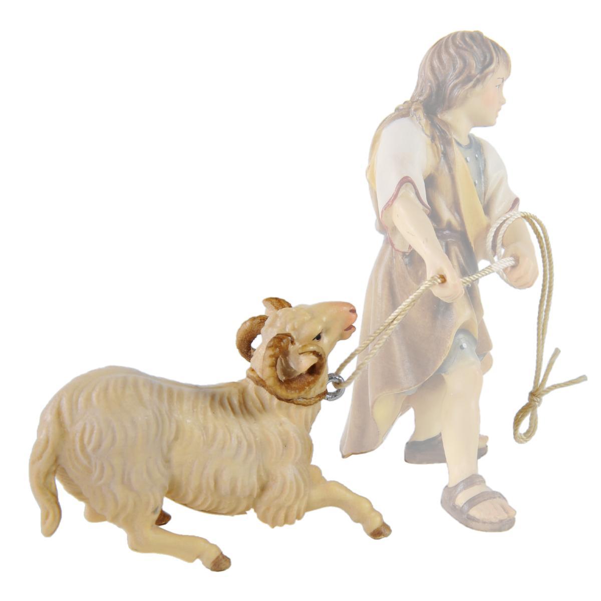 Statua presepe 15 cm scultura in legno montone inginocchiato fune