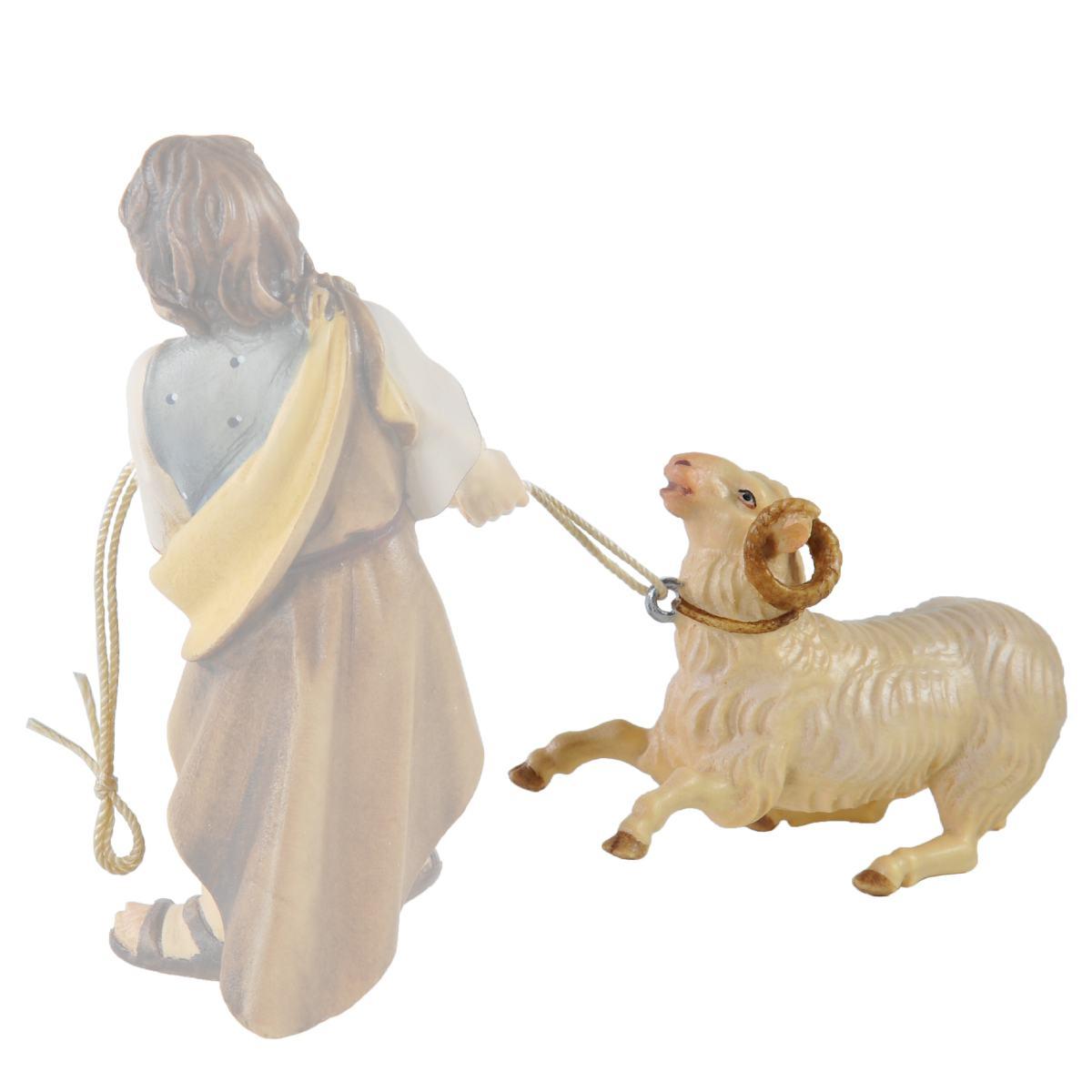 Statua presepe 15 cm scultura in legno montone inginocchiato fune