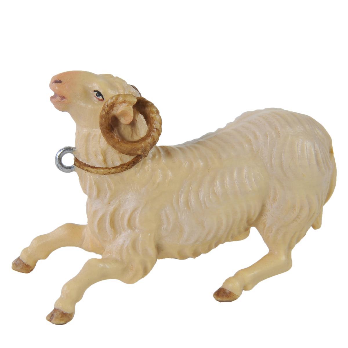 Statua presepe 15 cm scultura in legno montone inginocchiato fune