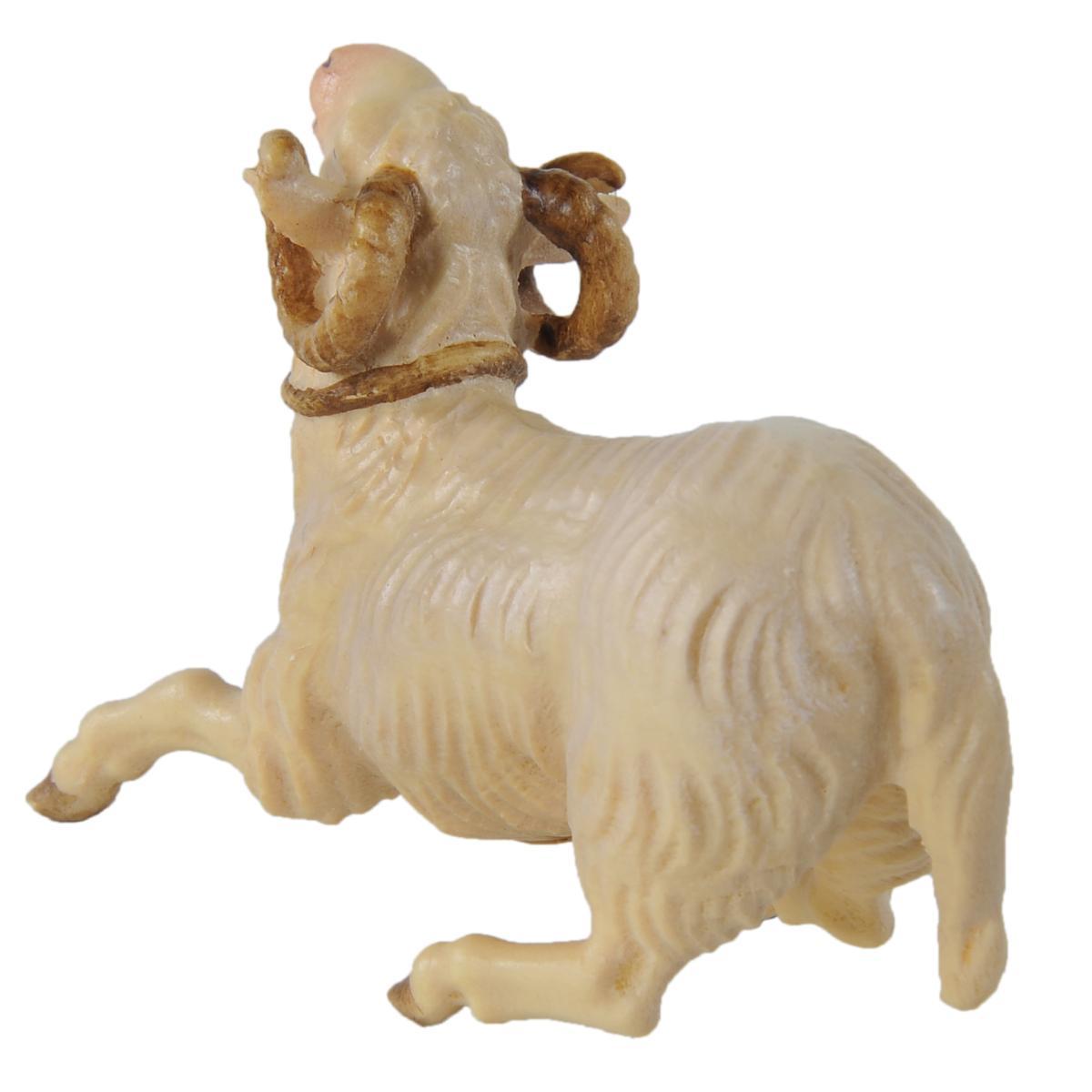 Statua presepe 15 cm scultura in legno montone inginocchiato fune