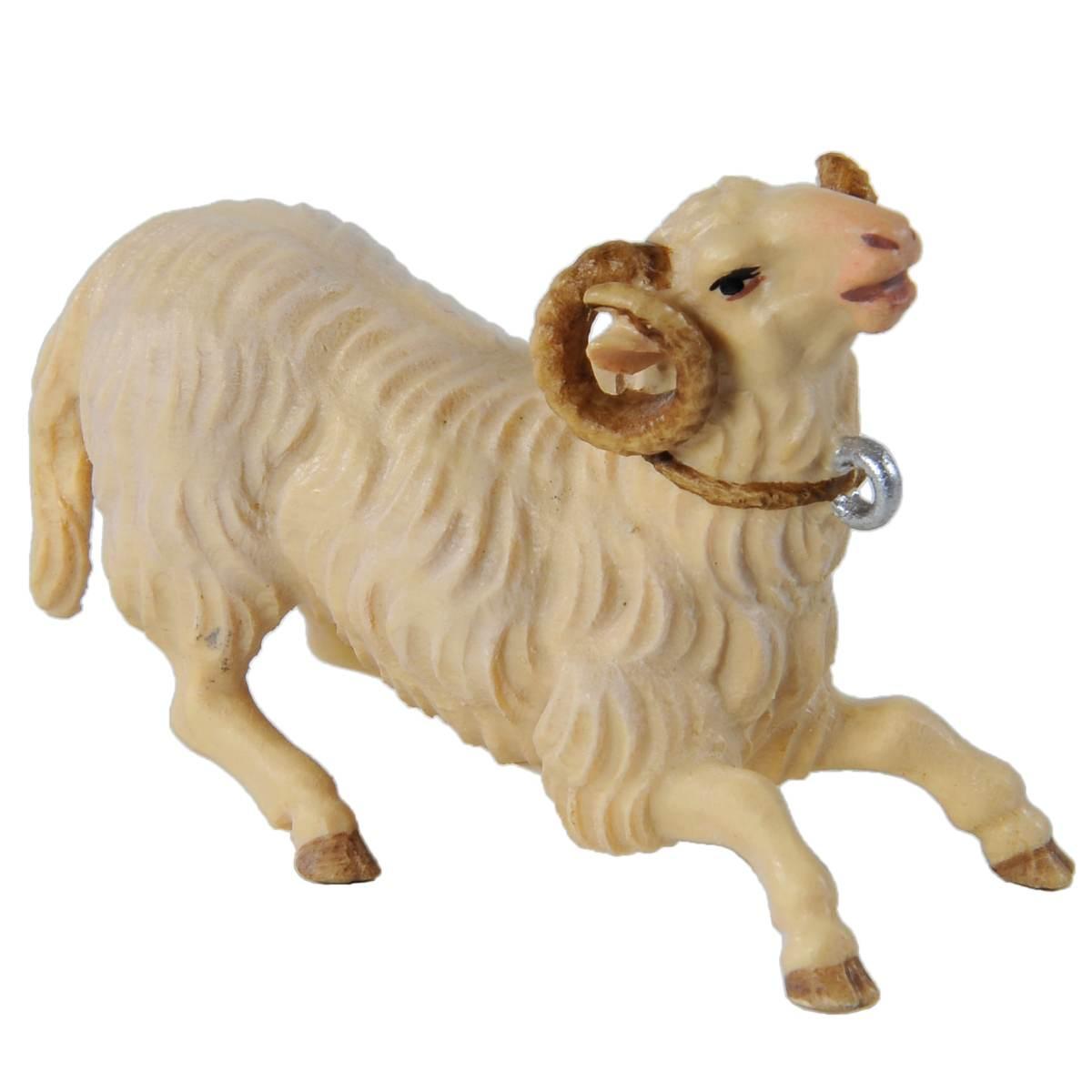 Statua presepe 15 cm scultura in legno montone inginocchiato fune