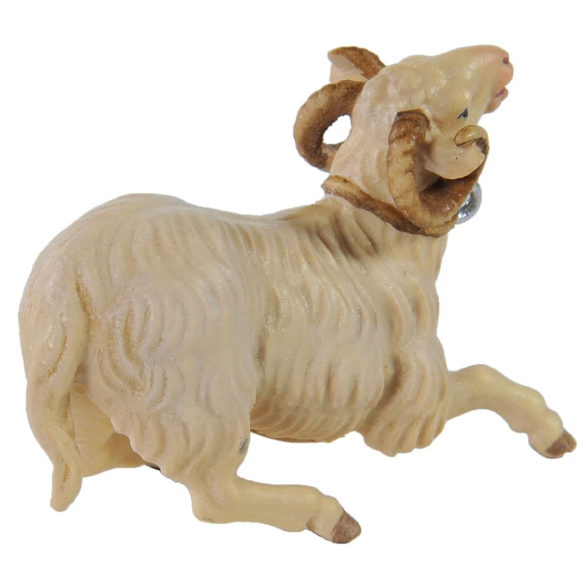 Statua presepe 15 cm scultura in legno montone inginocchiato fune