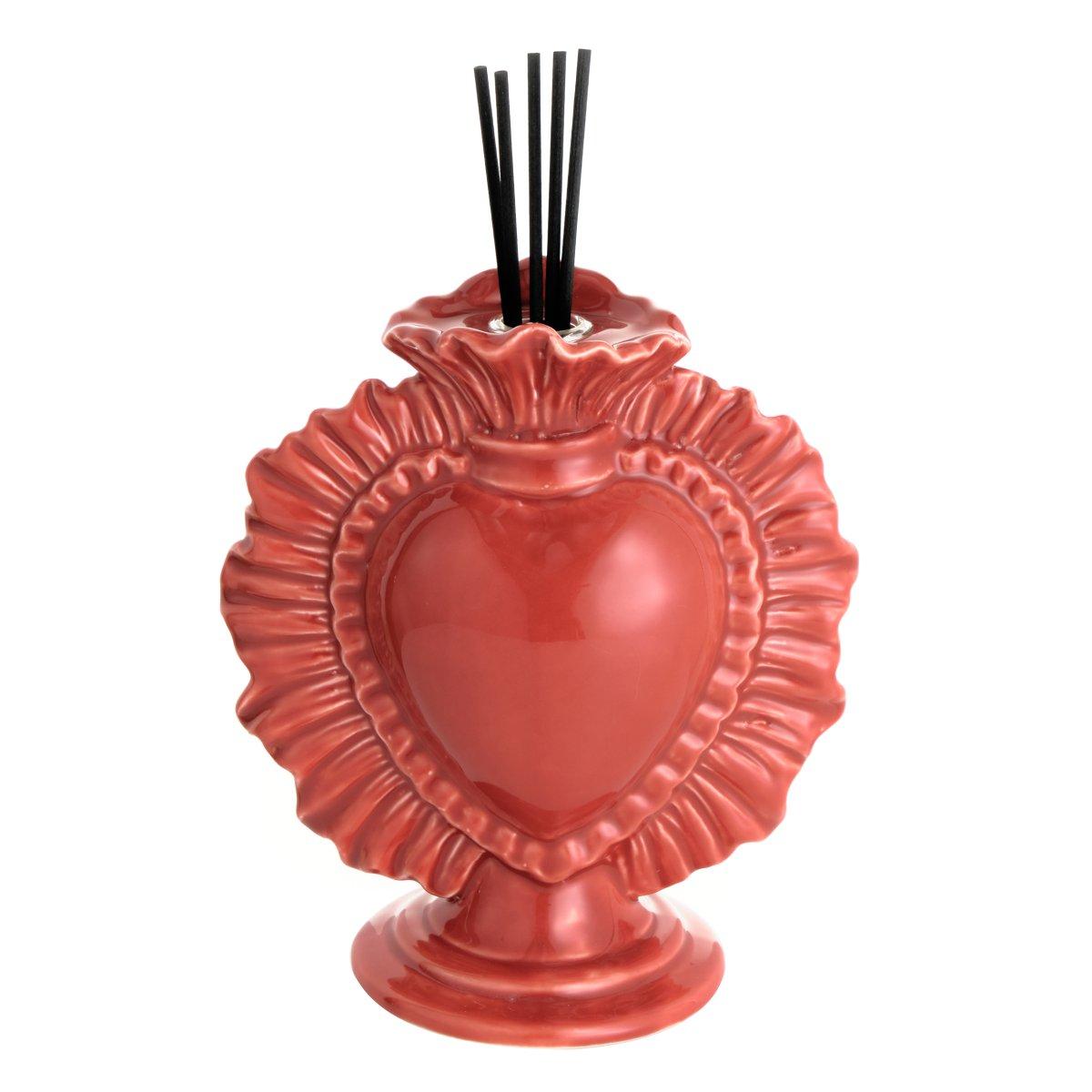Cuore ex voto porcellana diffusore essenze corallo bastoncini 14 cm