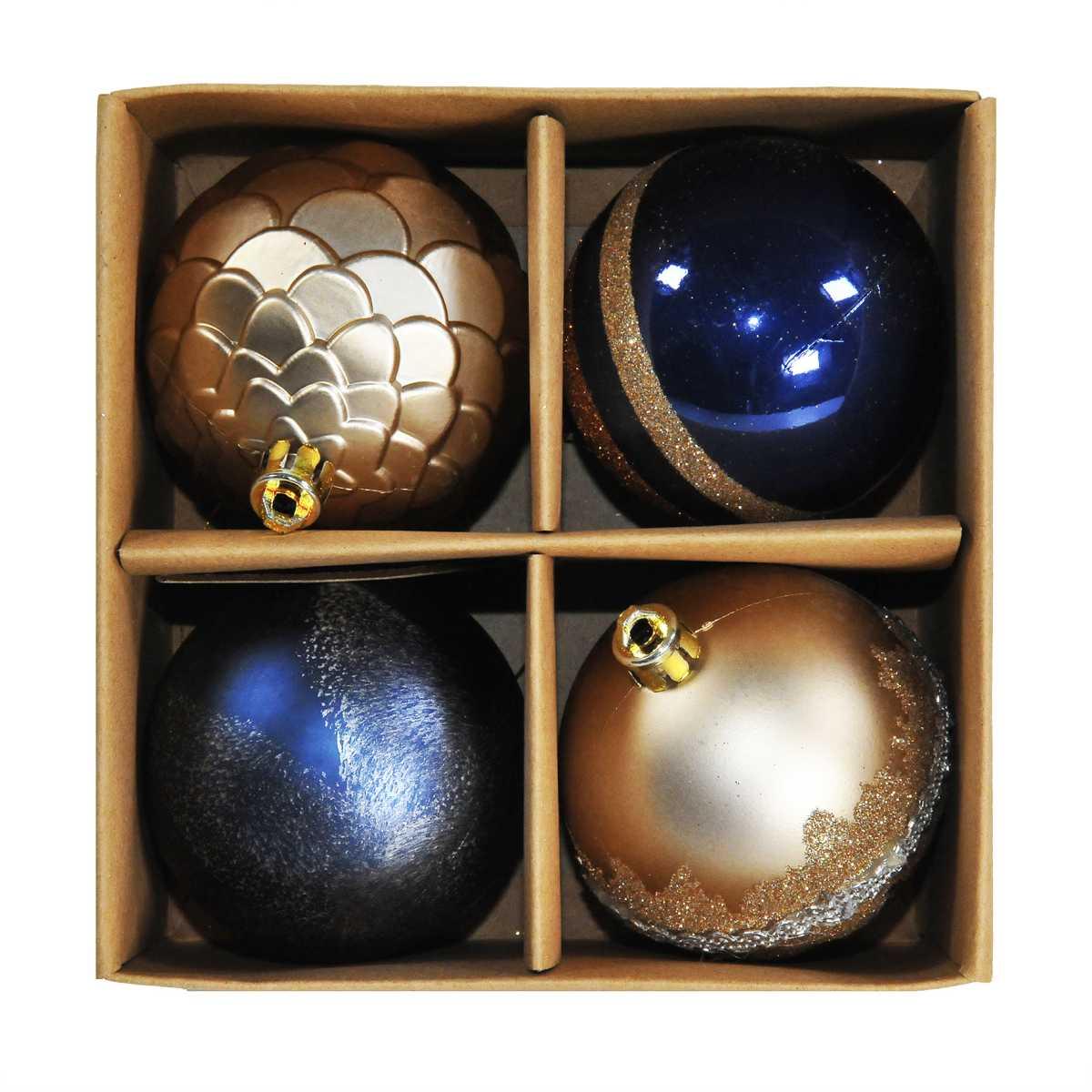 Pallina natalizia vetro oro blu glitter Set 4 pz