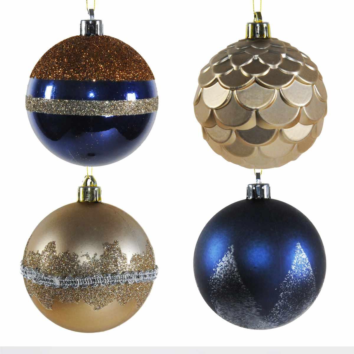 Pallina natalizia vetro oro blu glitter Set 4 pz