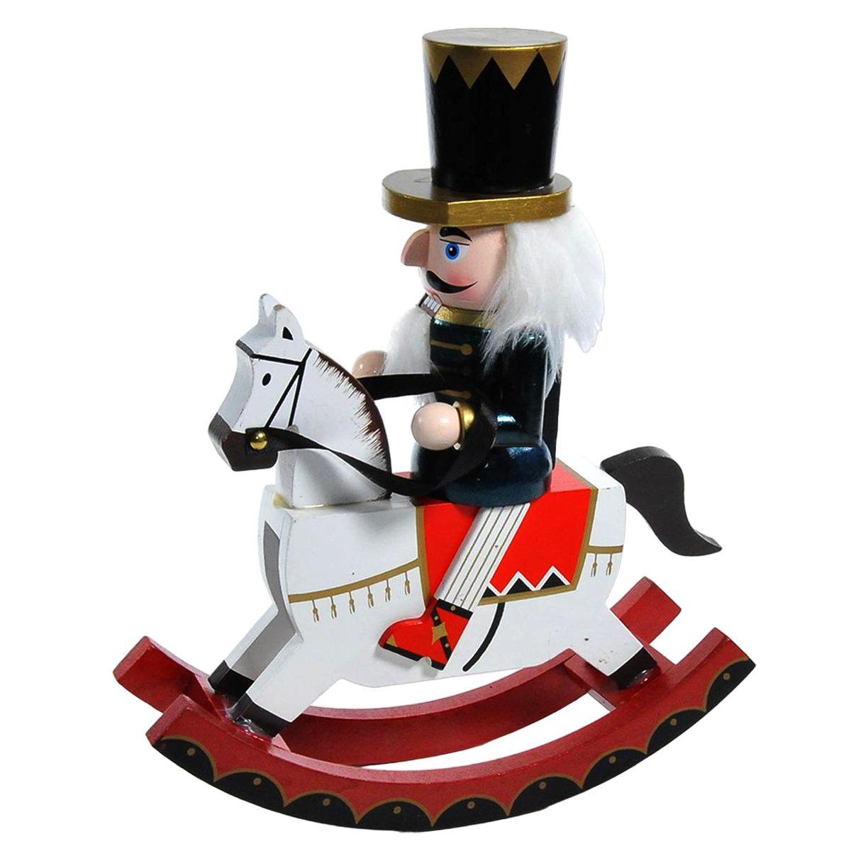 Soldatino schiaccianoci legno divisa blu cavallo dondolo modello a 31 cm