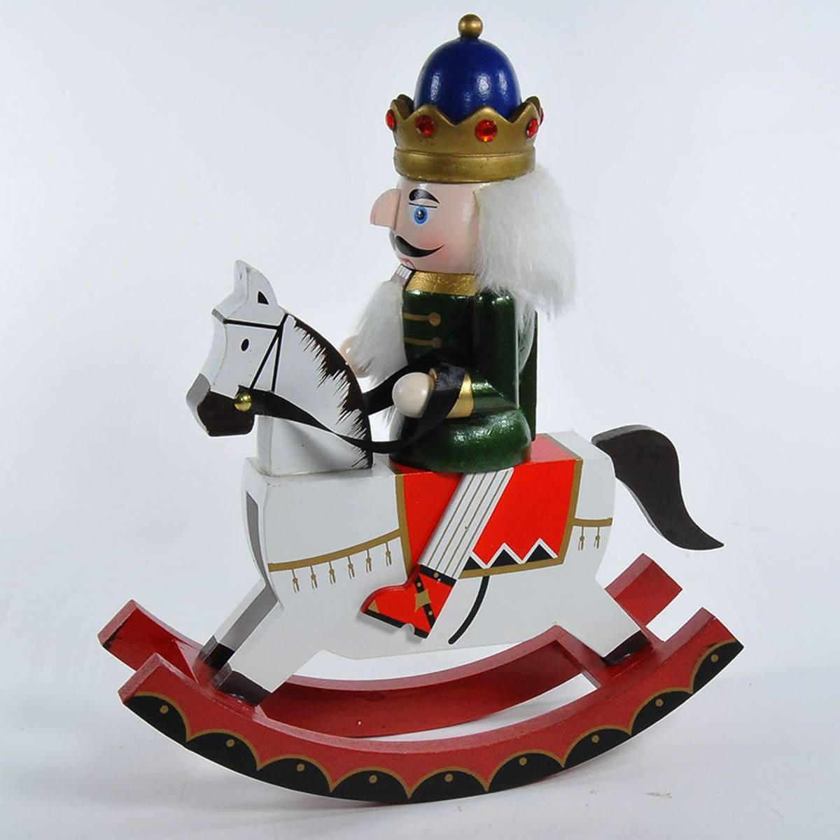 Soldatino schiaccianoci legno divisa blu cavallo dondolo modello a 31 cm