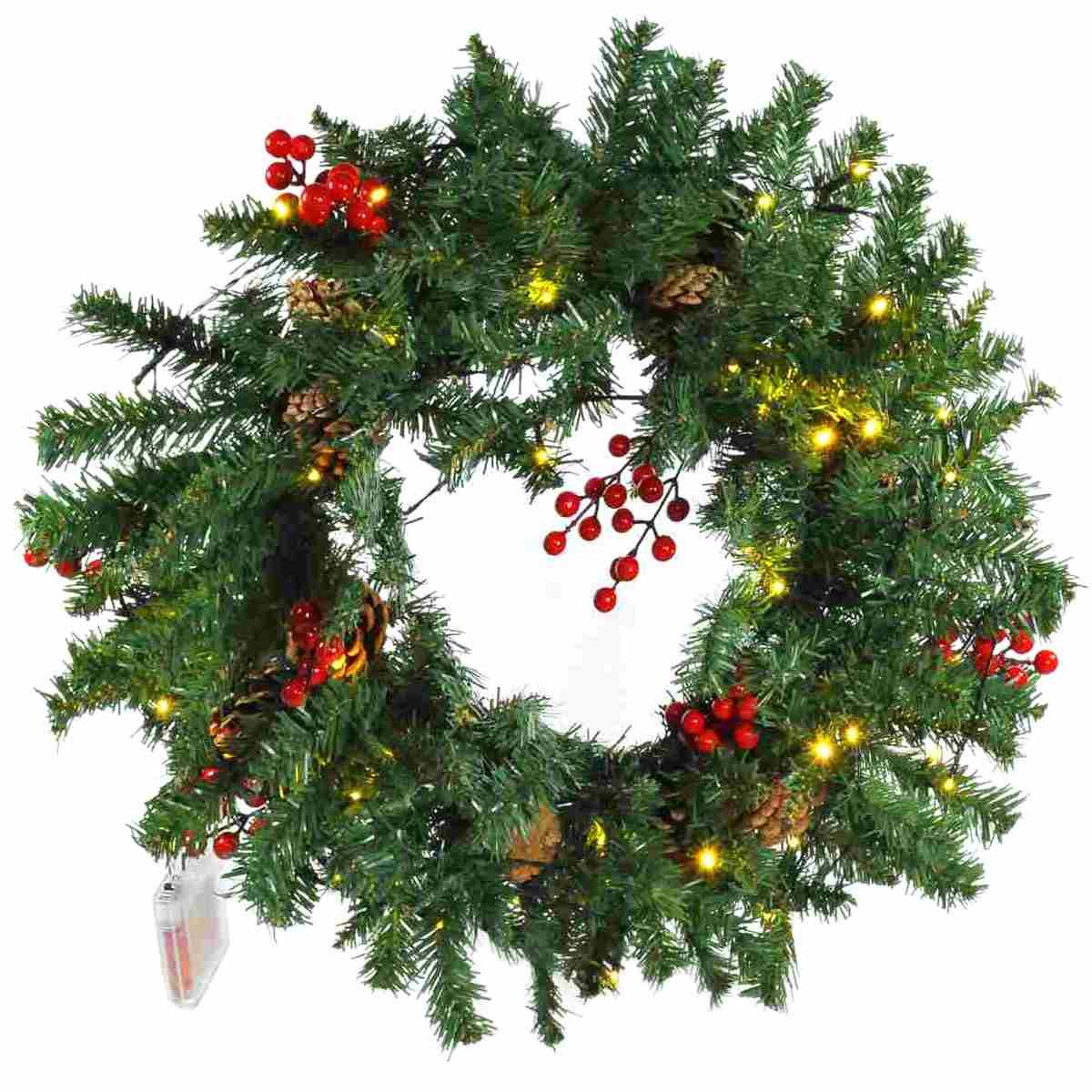 Ghirlanda natalizia verde bacche rosse led batteria Ø 50 cm