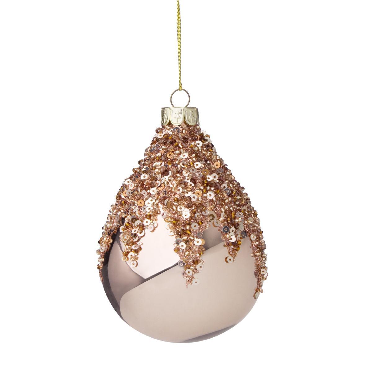 Pallina natalizia vetro goccia rame paillettes 13,5 cm