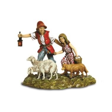 Statua presepe 10 cm famiglia pastore bambina pecore