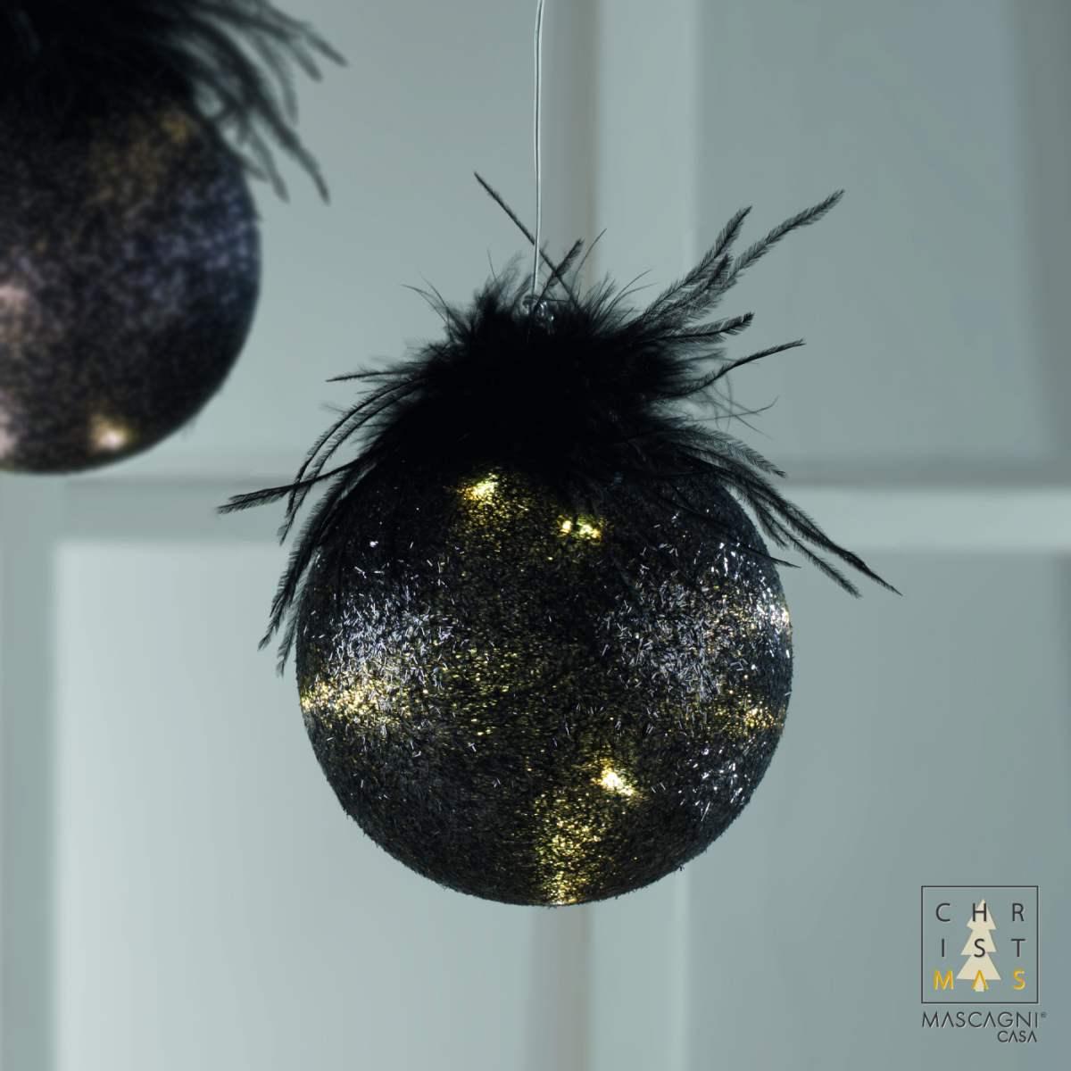 Pallina natalizia vetro nera luce led batteria Ø 12 cm