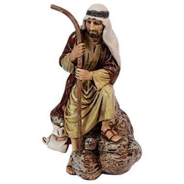 Statua presepe 13 cm guardiano seduto su pietra bastone