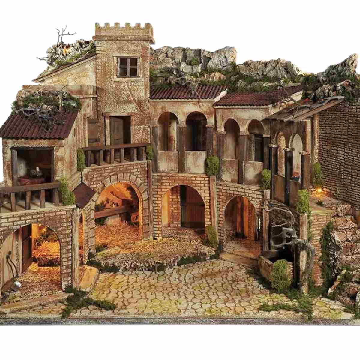 Diorama presepe luci porticati fontana