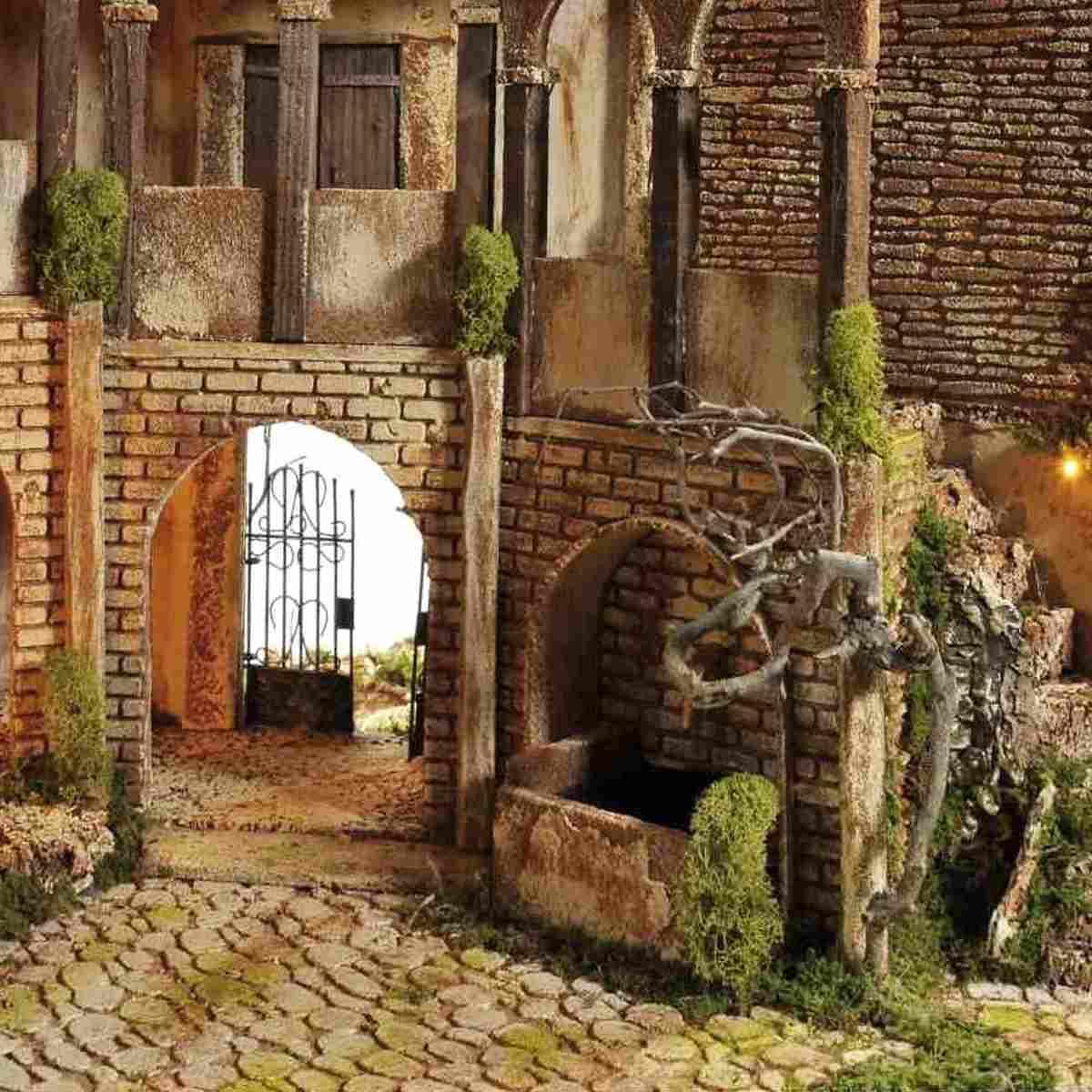 Diorama presepe luci porticati fontana