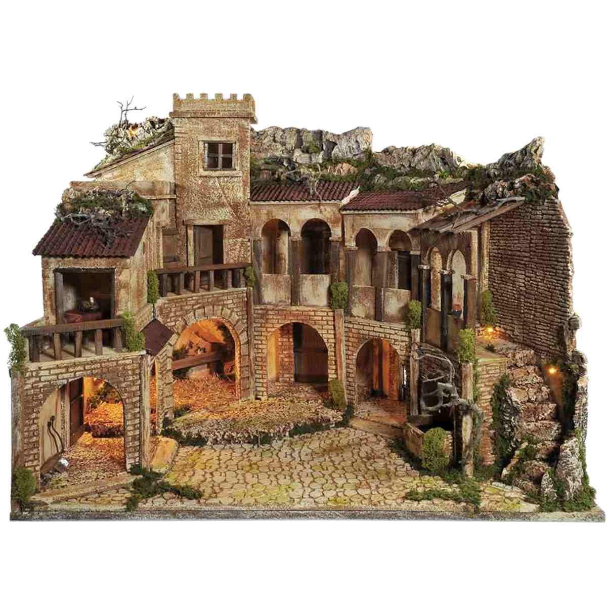 Diorama presepe luci porticati fontana