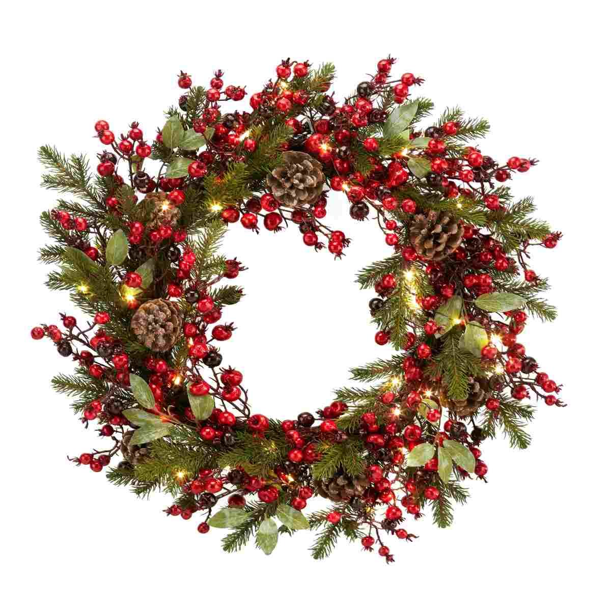 Ghirlanda natalizia verde bacche pigne led Ø 60 cm