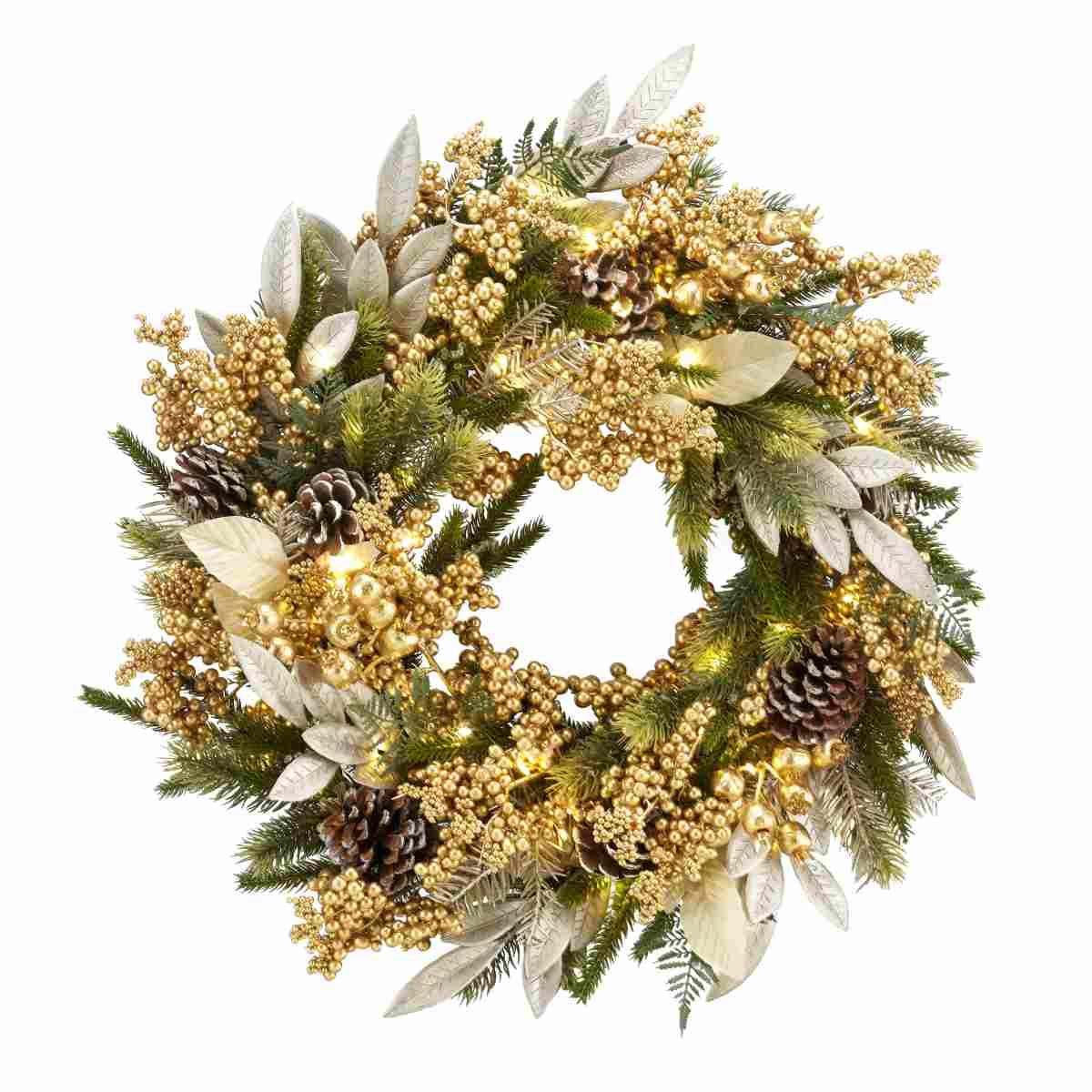 Ghirlanda natalizia verde bacche pigne oro led Ø 60 cm