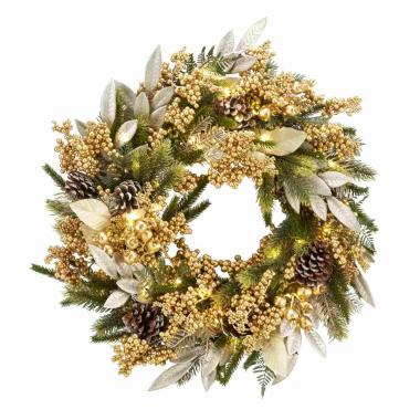 Ghirlanda natalizia verde bacche pigne oro led Ø 60 cm