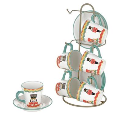Tazzine Caffè Natalizia Set pz.6 Porcellana Schiaccianoci con Supporto |Montemaggi