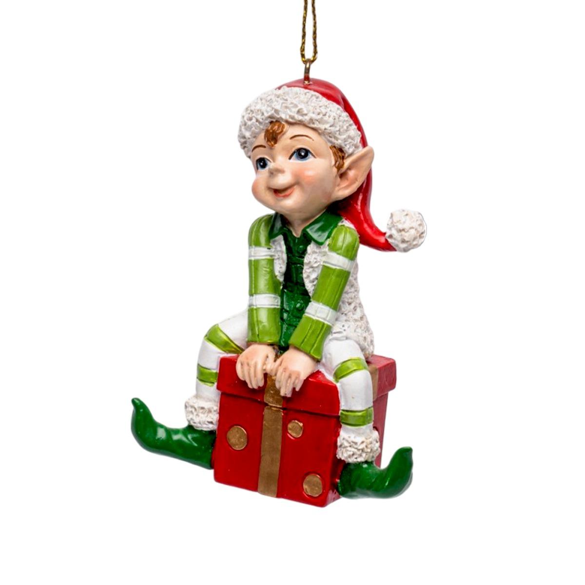 Decorazione natalizia elfo resina seduto pacchetto regalo 9 cm