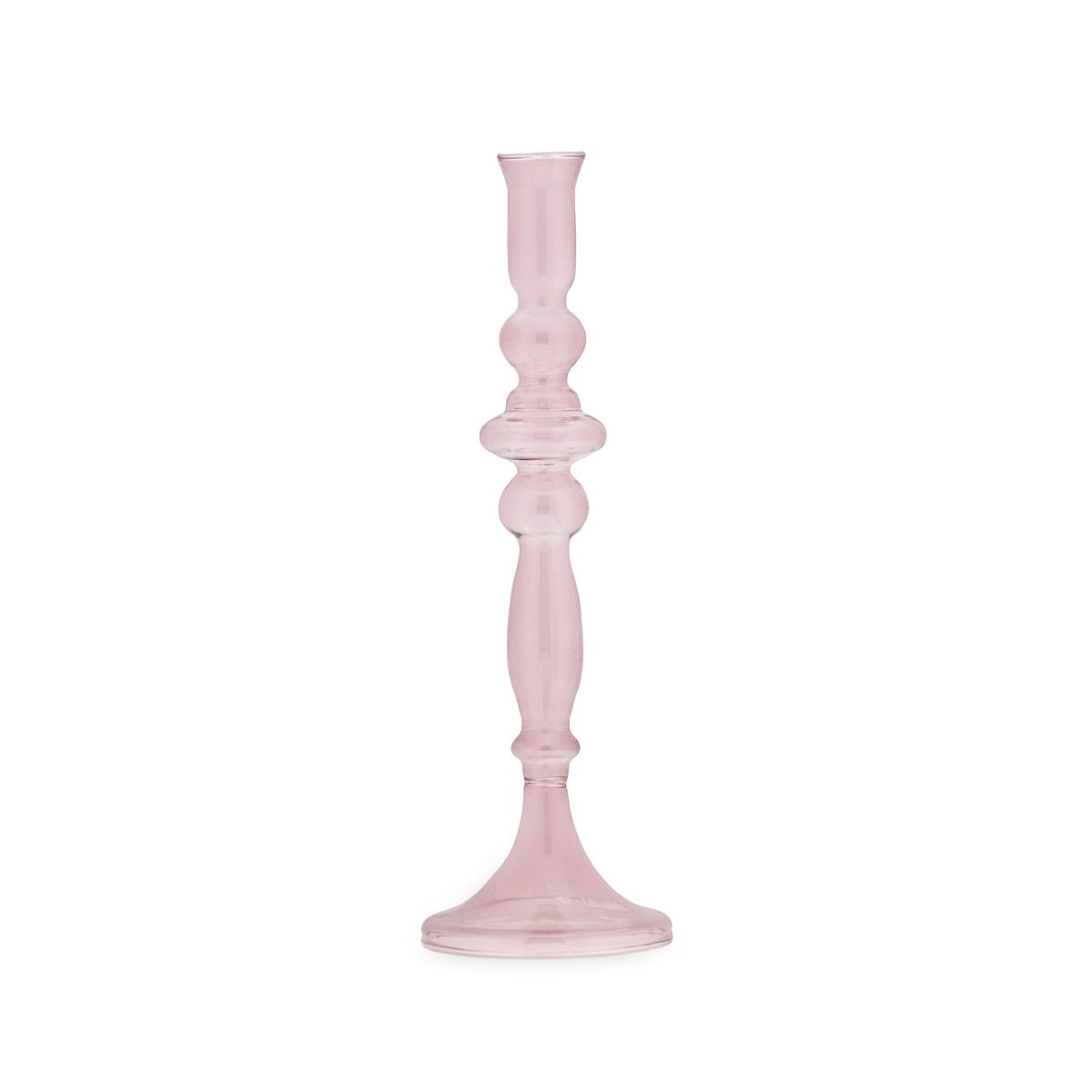 Candeliere 1 posto candela vetro rosa 30 cm