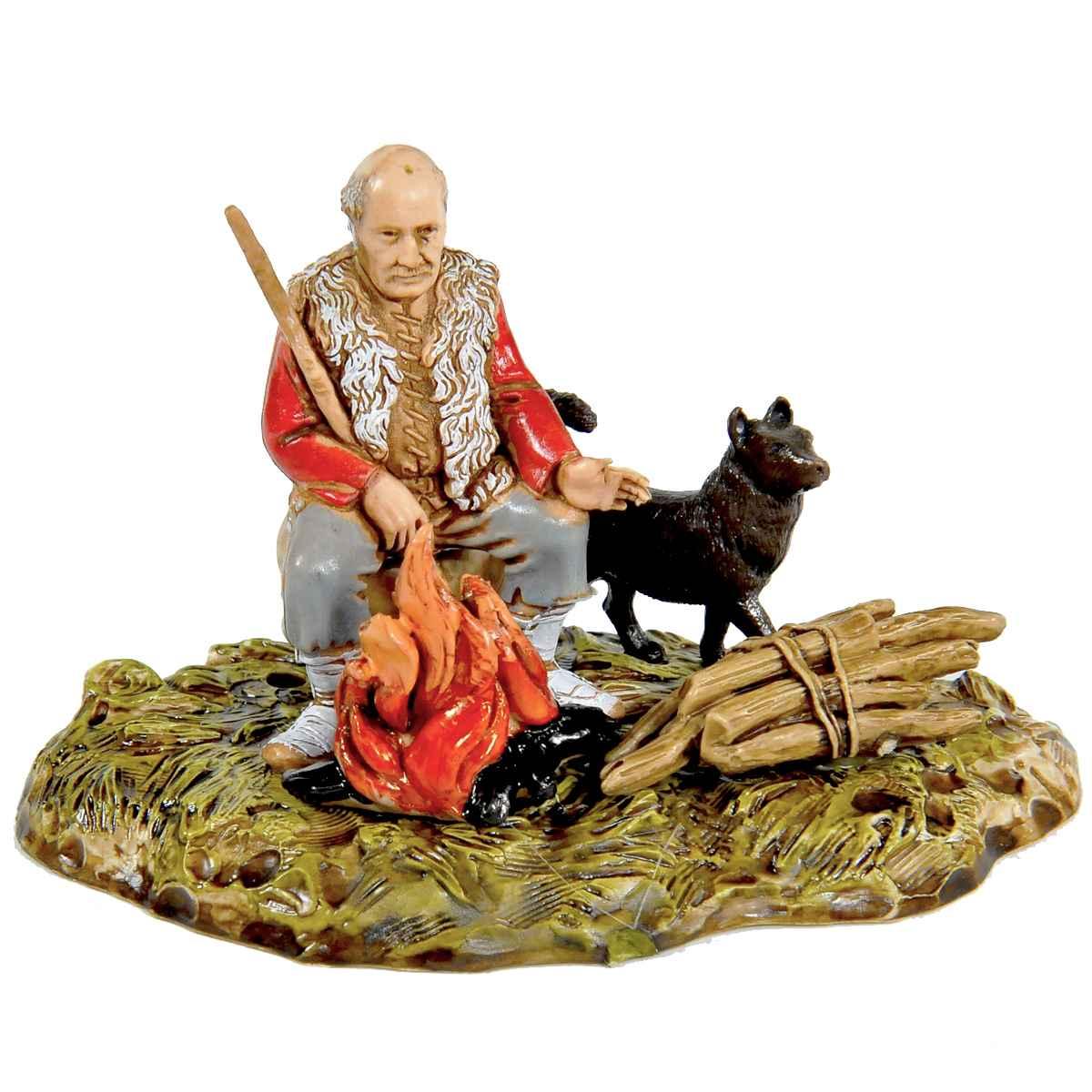 Statua presepe 10 cm pastore al fuoco cane legna