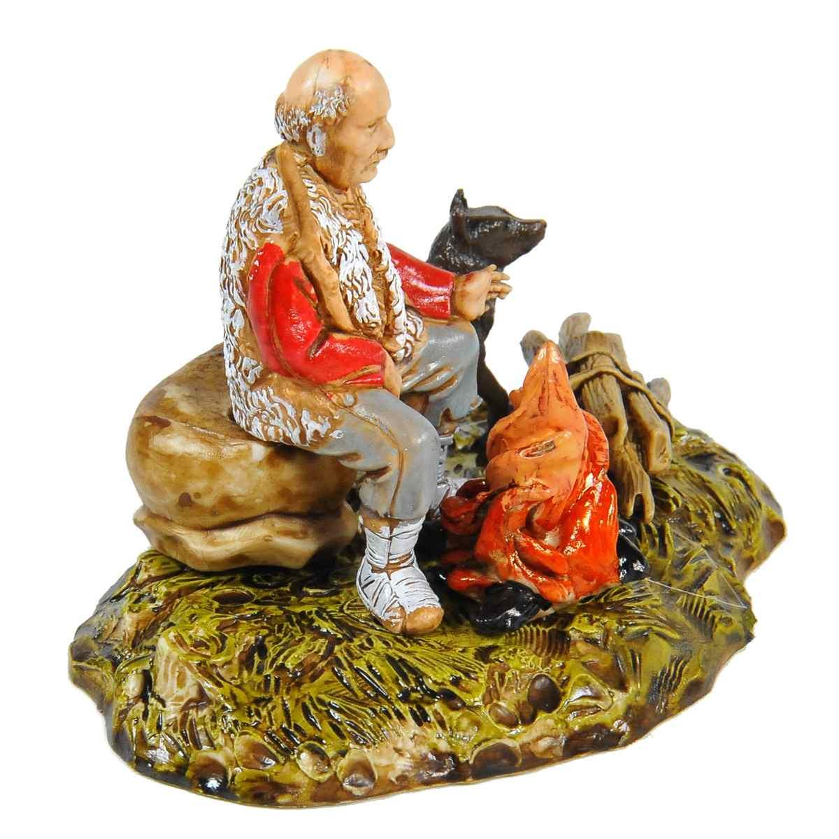 Statua presepe 10 cm pastore al fuoco cane legna