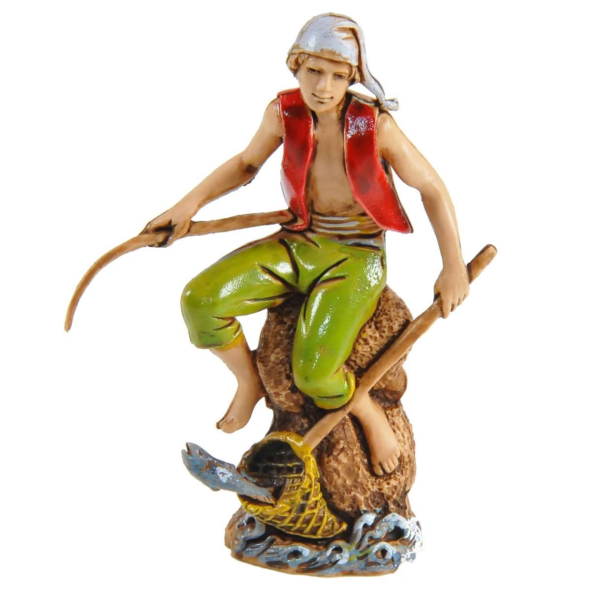 Statua presepe 10 cm pescatore seduto canna guadino
