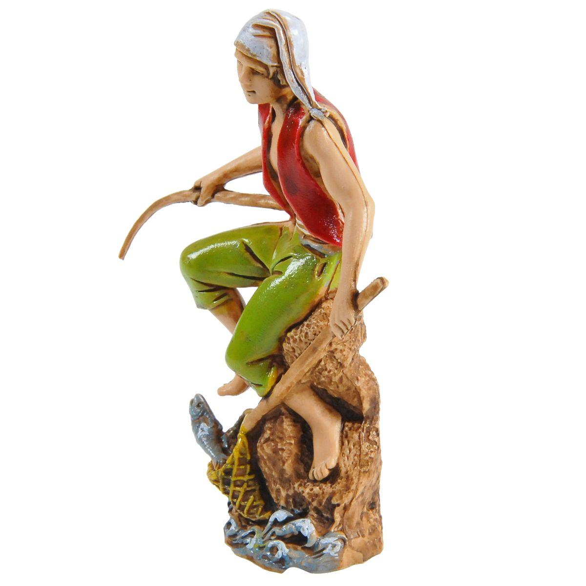 Statua presepe 10 cm pescatore seduto canna guadino