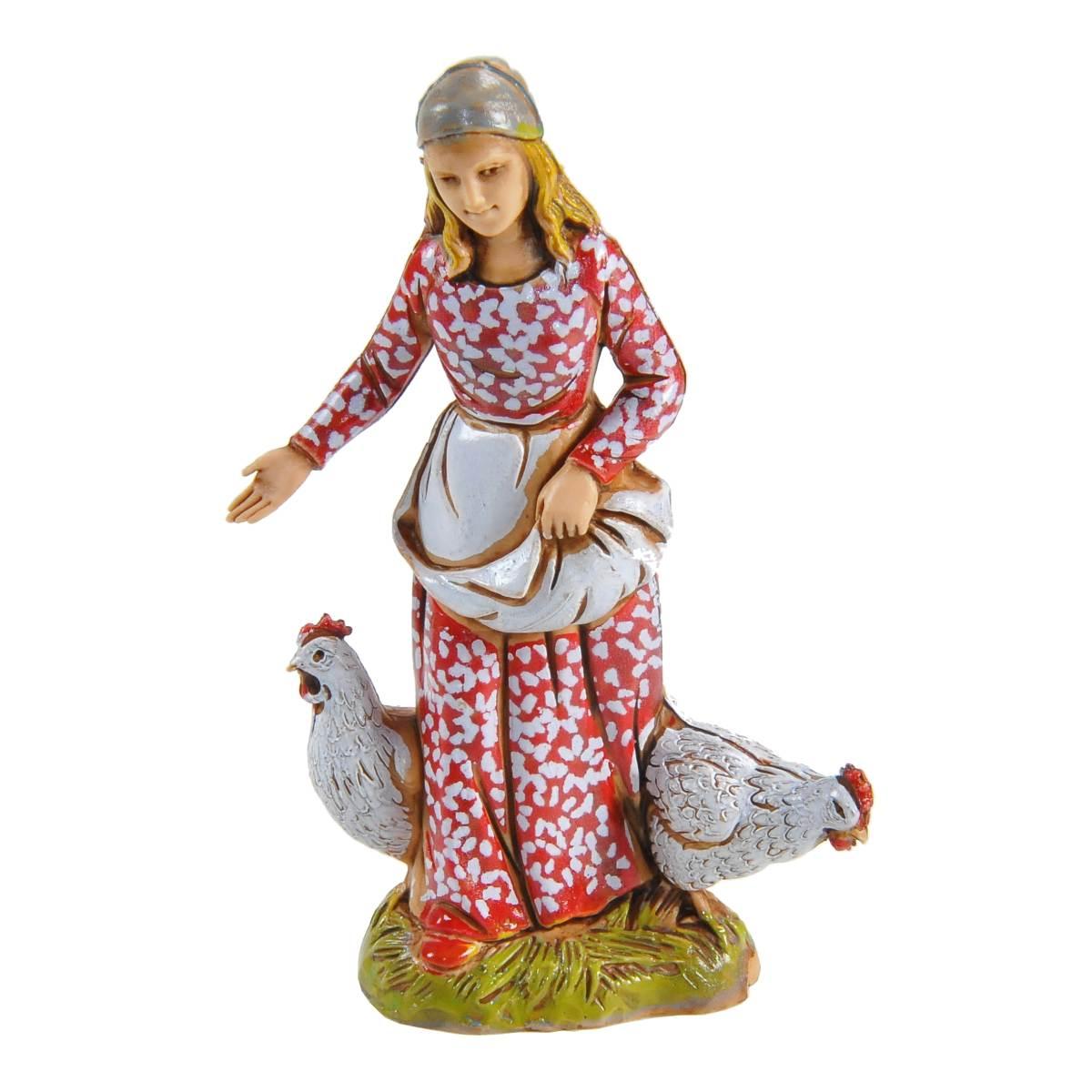 Statua presepe 10 cm donna 2 galline