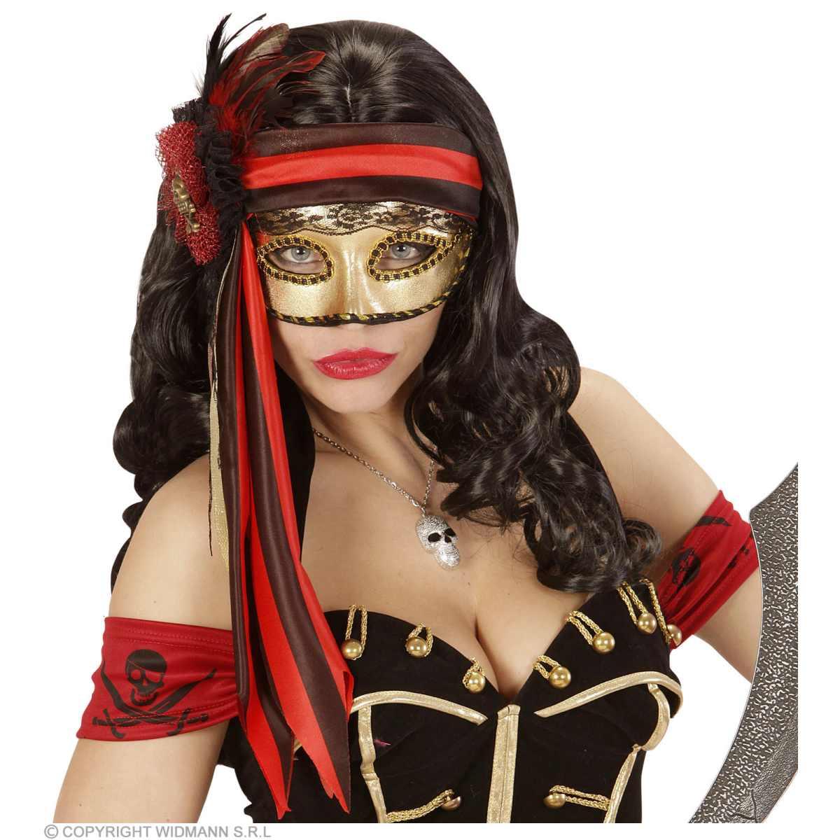 Maschera viso pvc oro piume nastri