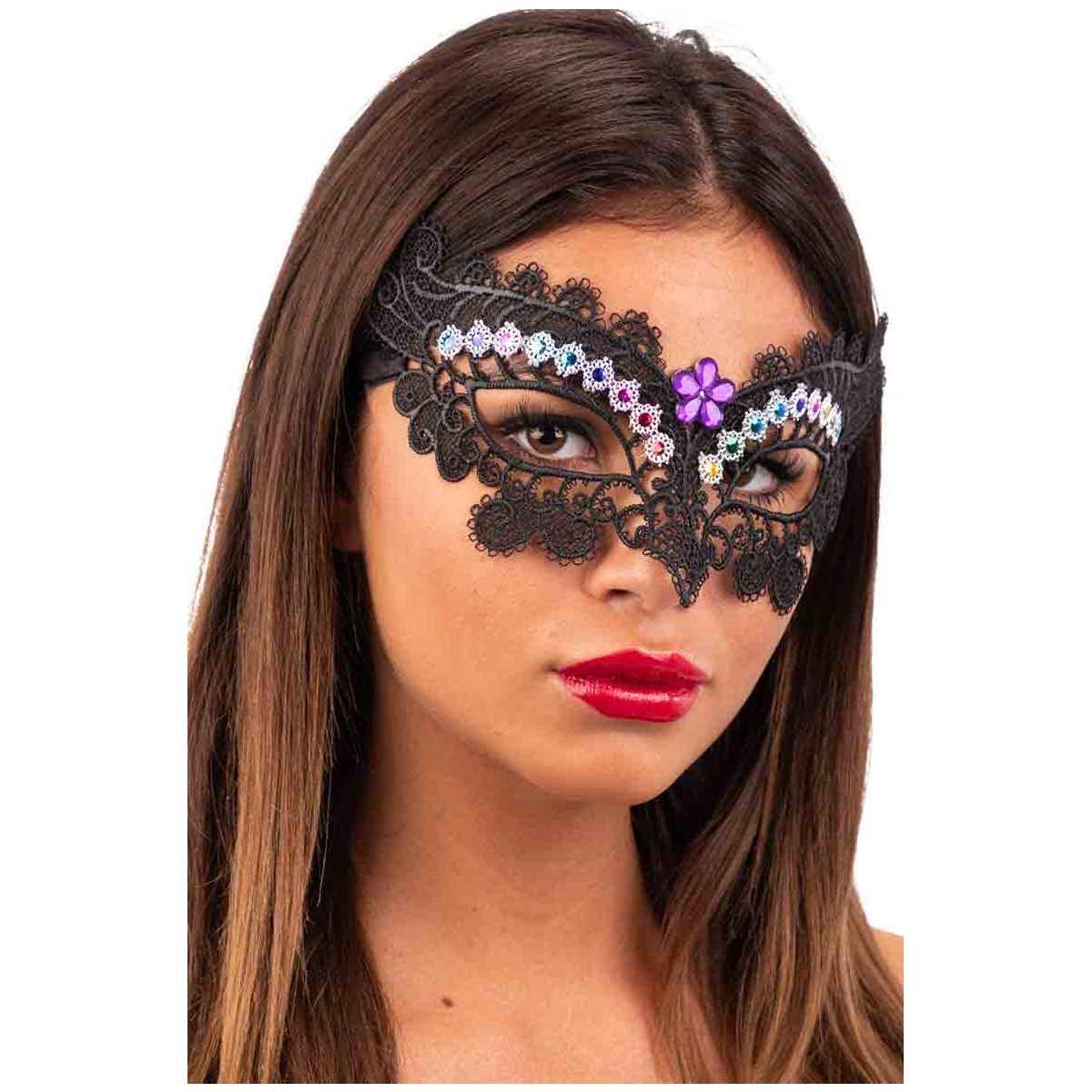 Maschera viso tessuto macrame nero pietre colorate