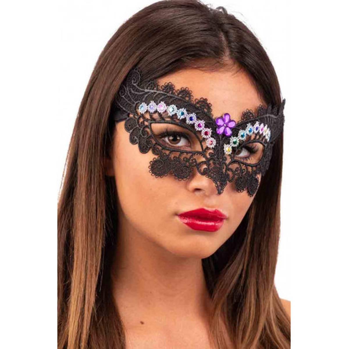 Maschera viso tessuto macrame nero pietre colorate