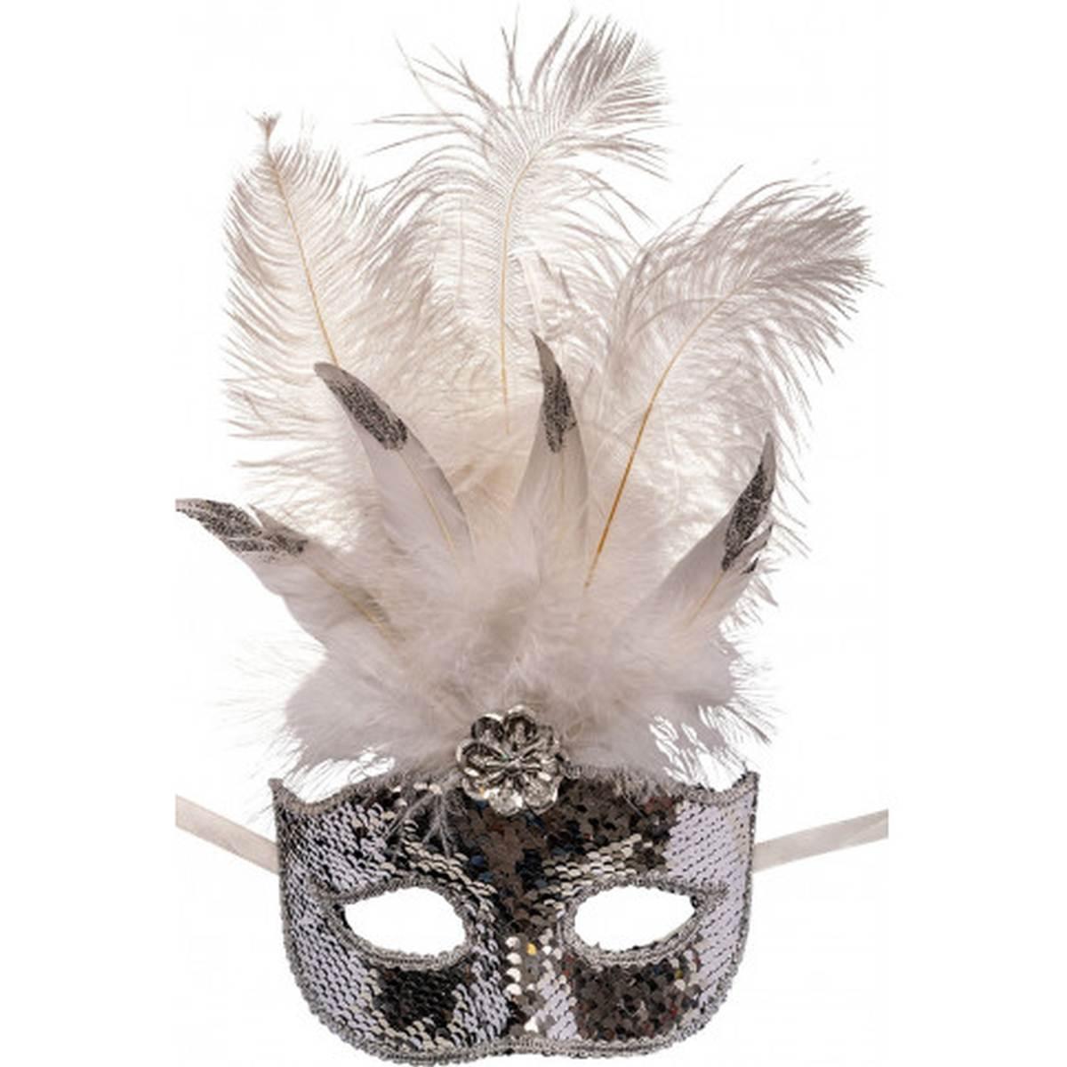Maschera viso paillettes argento piume