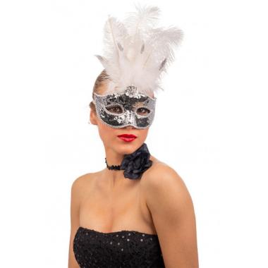 Maschera viso paillettes argento piume