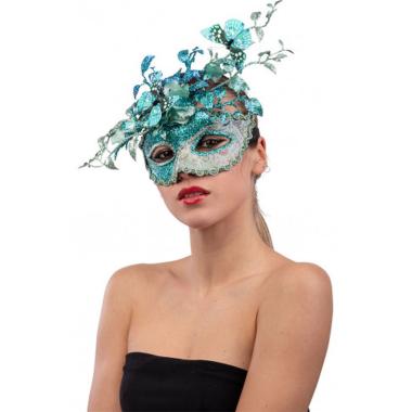Maschera viso pvc azzurra farfalle fiori glitter