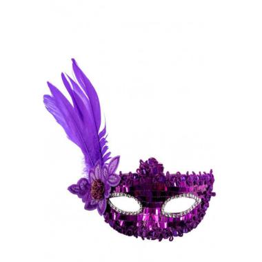 Maschera viso pvc viola paillettes piume
