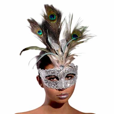 Maschera viso pvc argento paillettes piume pavone