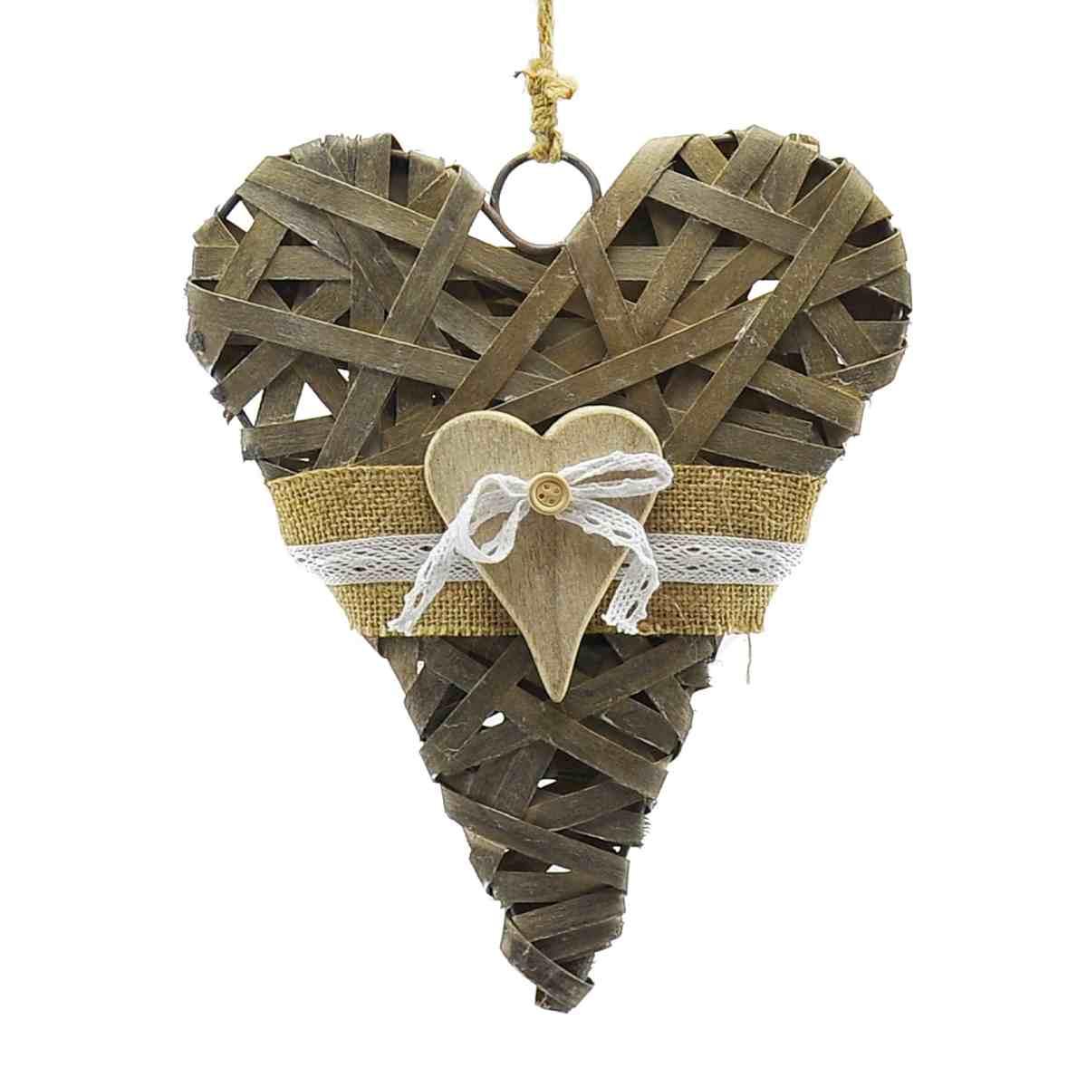 Decorazione natalizia cuore legno da appendere legno rattan pizzo 26 cm
