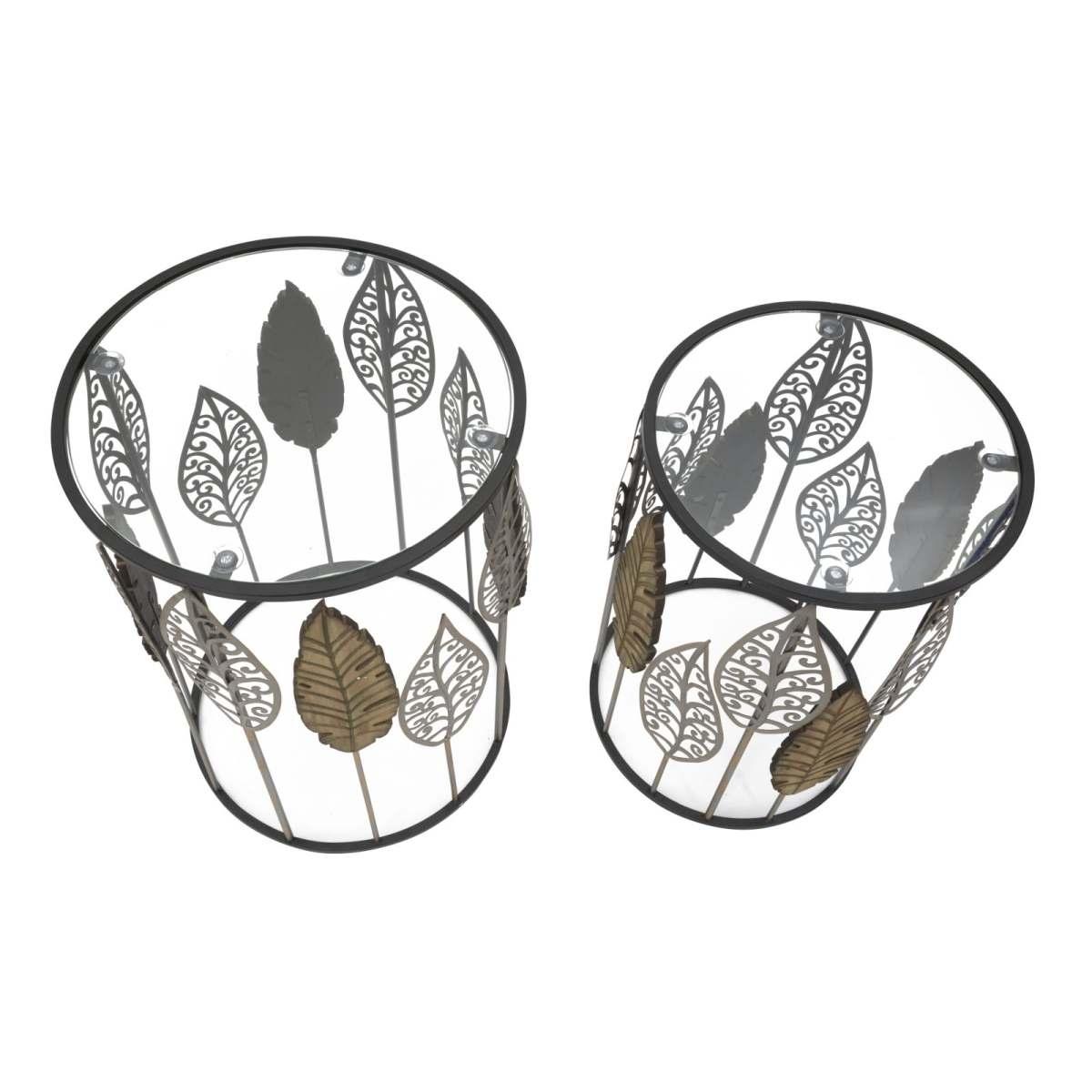 Tavolinetti in ferro legno foglie coppia 38 cm