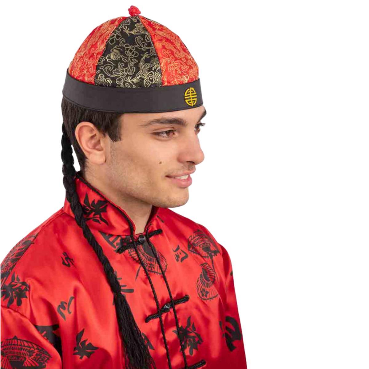 Cappello cinese rosso nero in tessuto treccia capelli