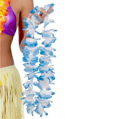 Collana hawaii fiori grandi blu bianca in tessuto