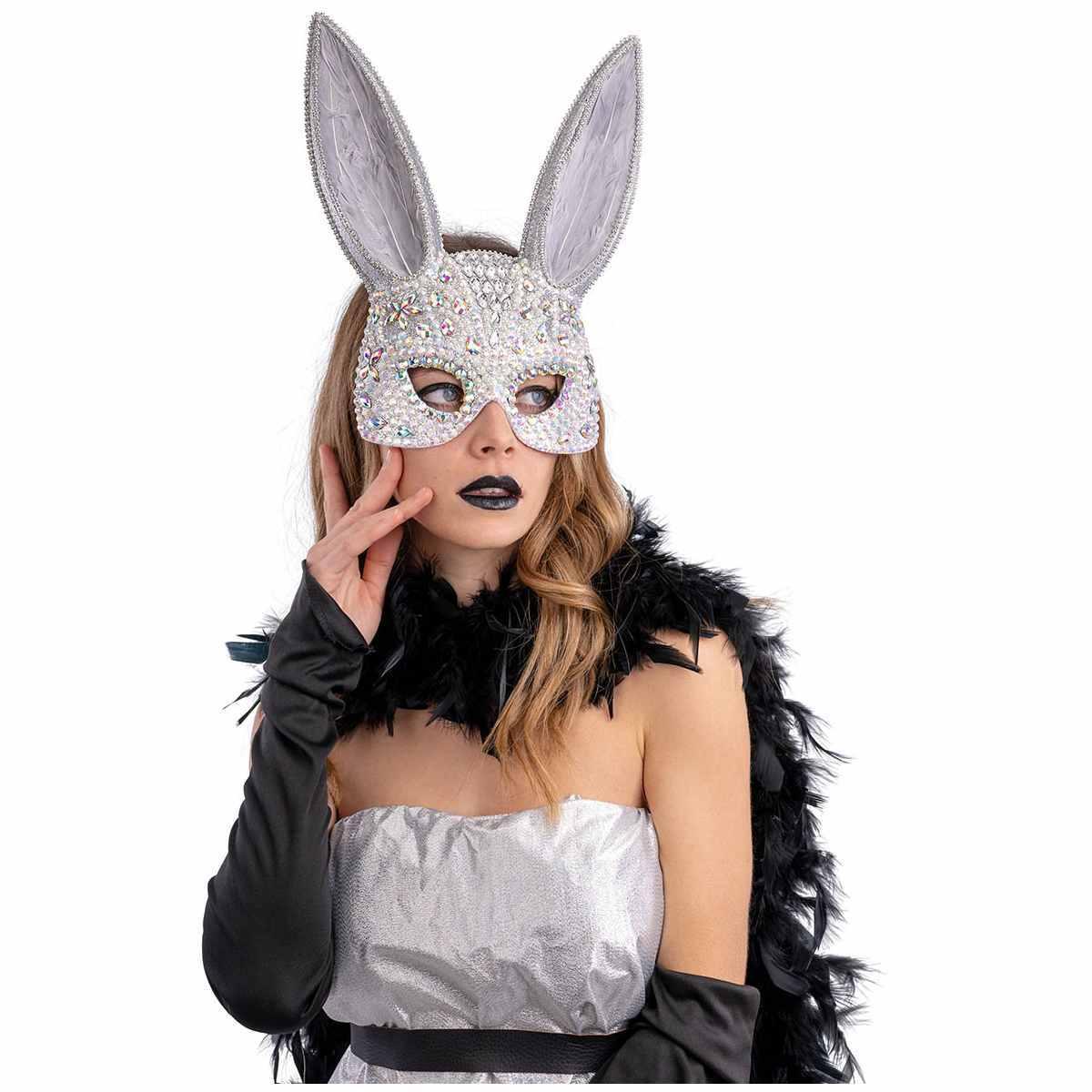 Maschera viso pvc coniglio grigio strass piume