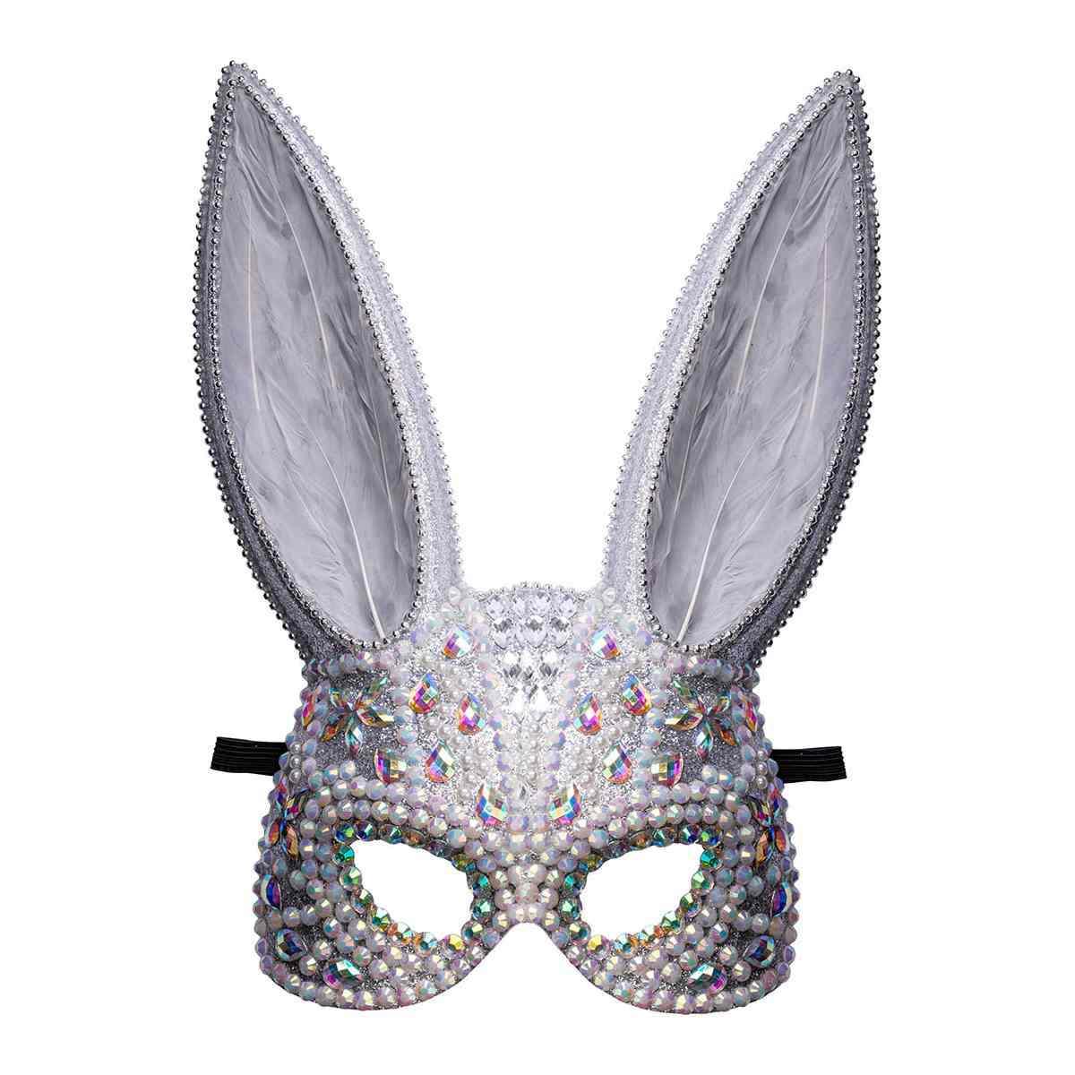 Maschera viso pvc coniglio grigio strass piume