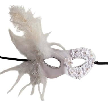 Maschera viso pvc bianca fiori piume bianchi