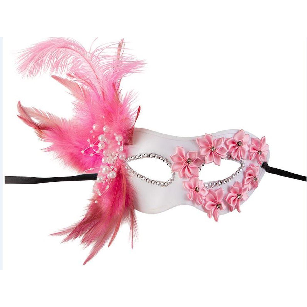 Maschera viso pvc bianca fiori piume rosa
