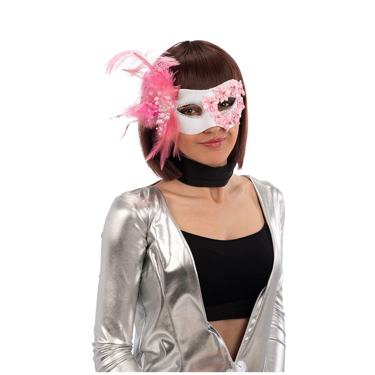 Maschera viso pvc bianca fiori piume rosa